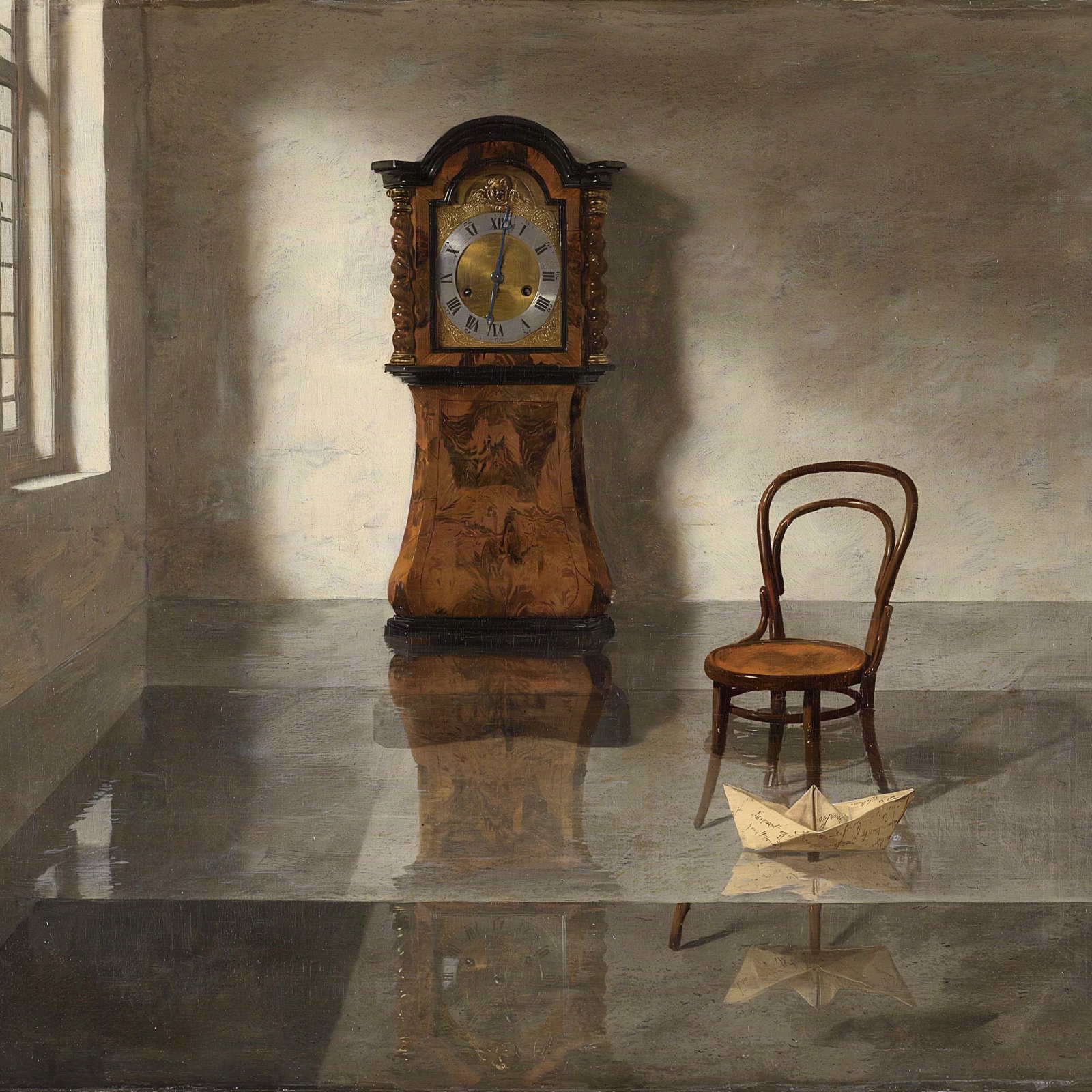 Painting of a long-case clock in an empty, flooded room, with a bentwood chair and a paper boat